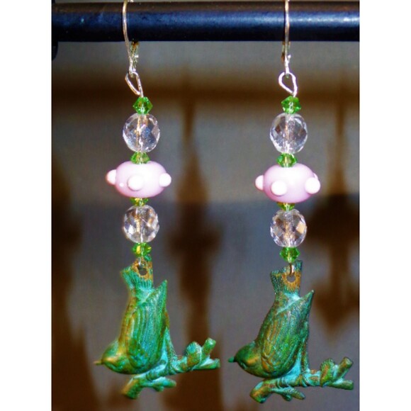 Vintage/New Verdigris bird dangle earrings pink lampwork beads & crystal 925 - Picture 1 of 6